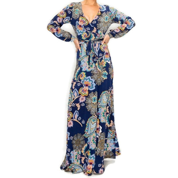 Navy Multicolor Paisley Floral Bell Long Sleeve Maxi Dress