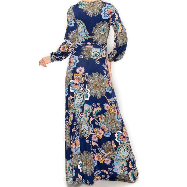 Navy Multicolor Paisley Floral Bell Long Sleeve Maxi Dress