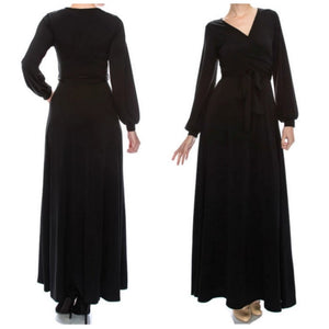 Black V-neck Bell Long Sleeve Evening Formal Maxi Dress