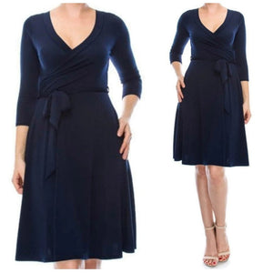 Navy Solid Faux Wrap Knee Length Dress