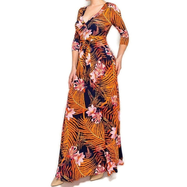 Orange Palm Leaves Floral Faux Wrap 3/4 Sleeve Long Maxi Dress
