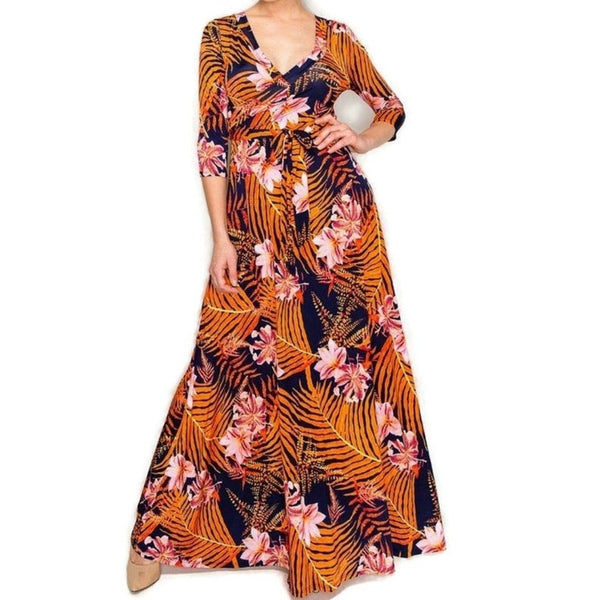 Orange Palm Leaves Floral Faux Wrap 3/4 Sleeve Long Maxi Dress