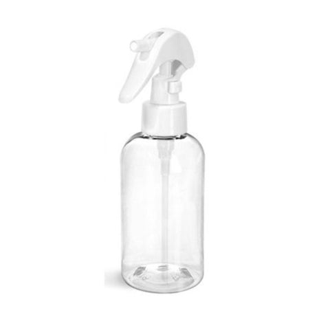 8oz Clear Boston Round Plastic Bottles with 24/410 White Mini Trigger Sprayer