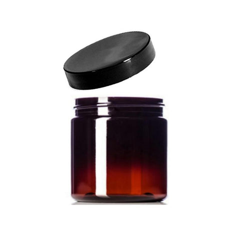 8oz Amber Clear PET Single Wall Plastic Jars with 70/400 Black Unlined Jar Caps