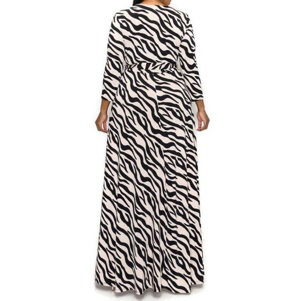 Black Taupe Animal Print Faux Wrap Maxi Plussize Dress