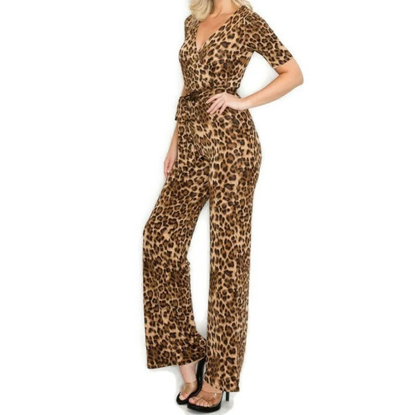 Leopard Short Sleeve V-neck Casual Jumpsuit