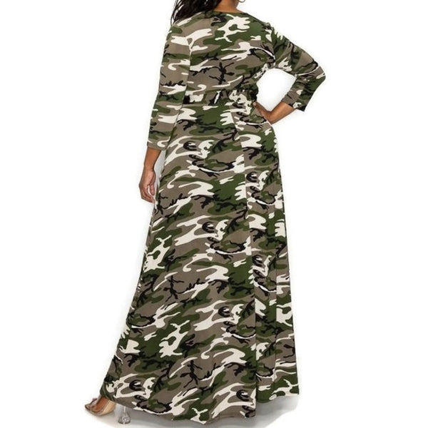 Olive Green Camouflage Faux Wrap Maxi Plussize Dress