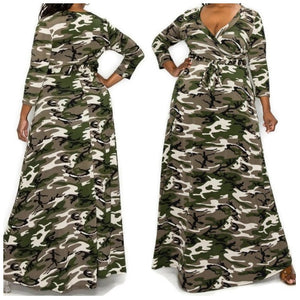 Olive Green Camouflage Faux Wrap Maxi Plussize Dress