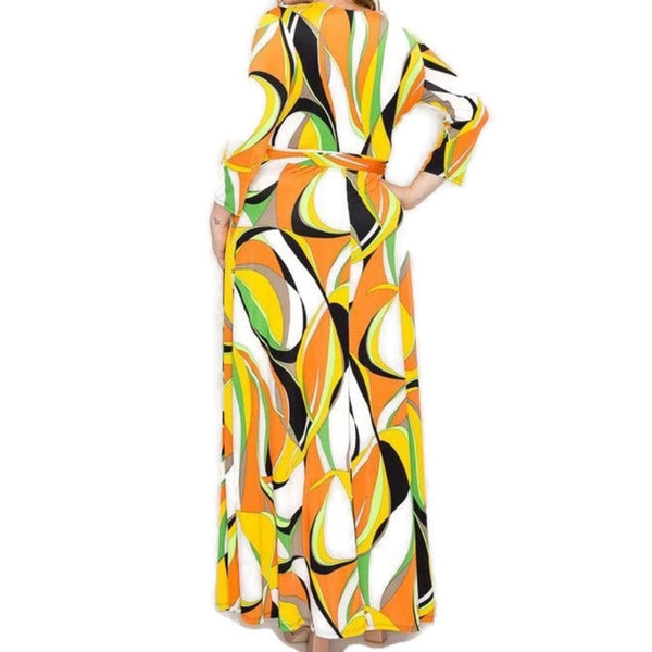 Seventies Retro Swirl Faux Wrap Maxi Plussize Dress