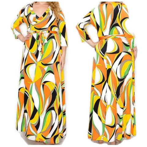 Seventies Retro Swirl Faux Wrap Maxi Plussize Dress