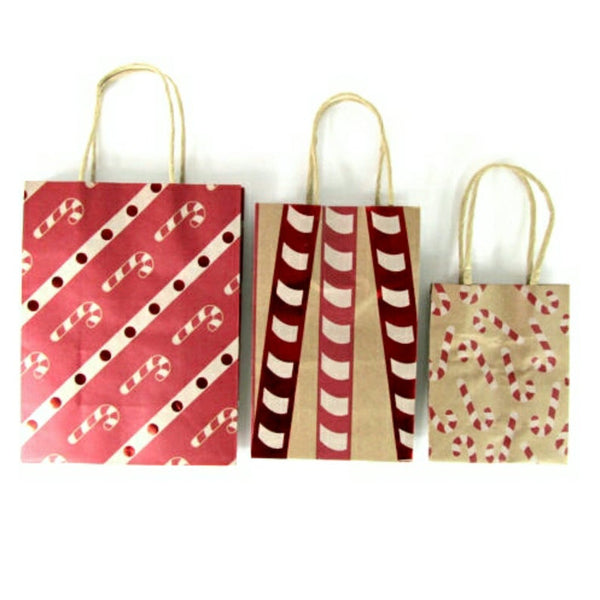 Candy Cane Kraft Handle Paper Party Favor Wedding Gift Bags - Assorted Set of 3