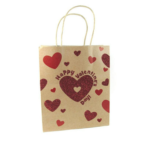 Valentines Day Red Glitter Heart Kraft Handle Paper Party Favor Wedding Gift Bags - Set of 15