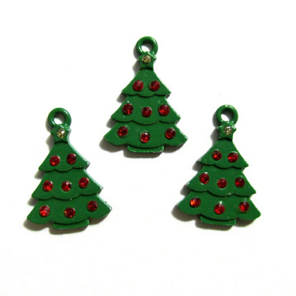 Green Christmas Tree Red Rhinestones Charms