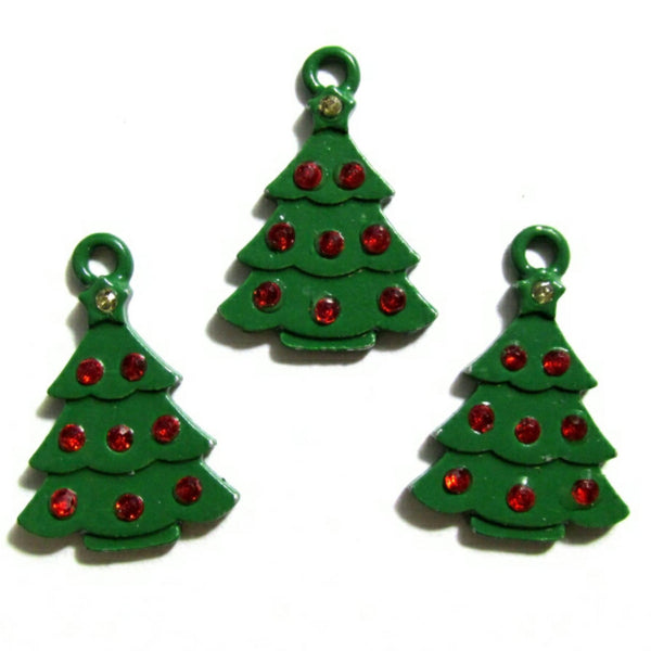 Green Christmas Tree Red Rhinestones Charms