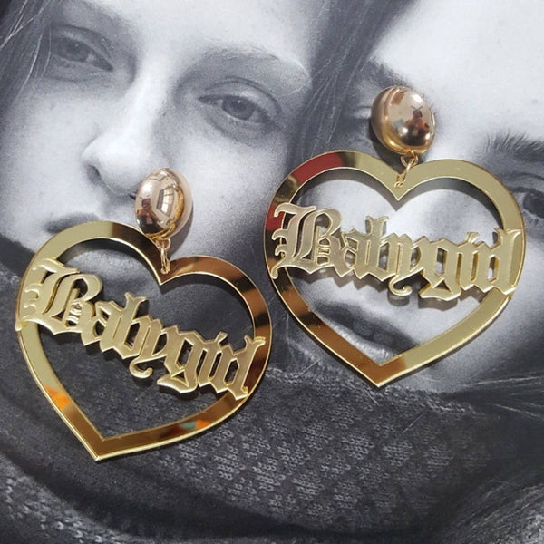 BABY GIRL Calligraphy  Gold Heart Acrylic Dangle Stud Earrings