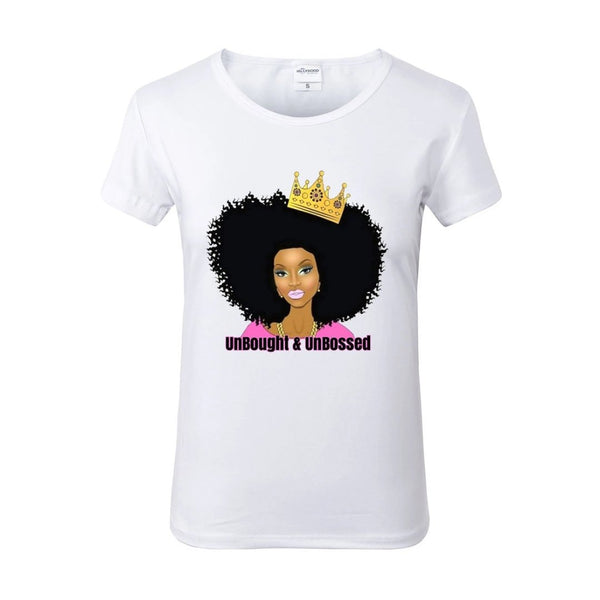 UNBOUGHT and UNBOSSED Crowned Afro Queen White Crew Neck Tshirt