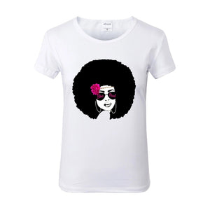She Bad Afro Sunglasses Pink Flower White Crew Neck Tshirt