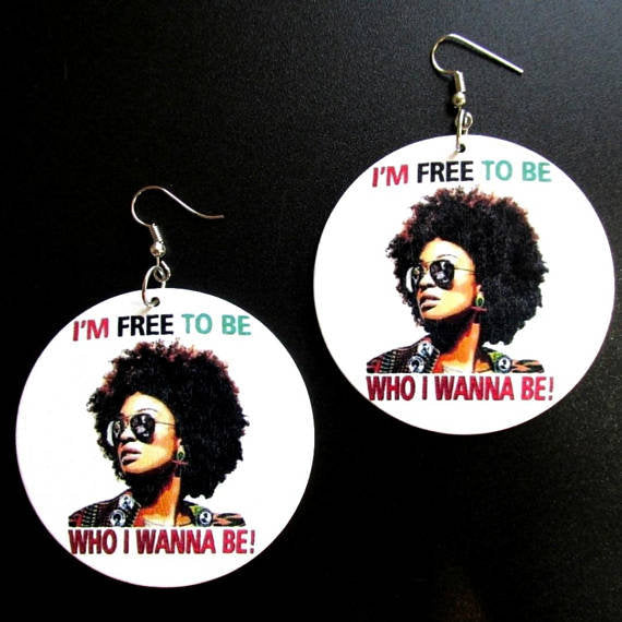 I am Free to Be Who I Wanna Be Afro Sunglasses Statement Dangle Wood Earrings