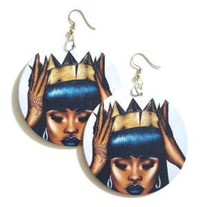 Black Queen Gold Crown Statement Dangle Wood Earrings