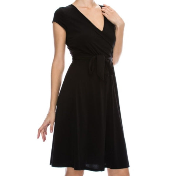 Black Solid Faux Wrap Knee Length Cap Sleeve Dress