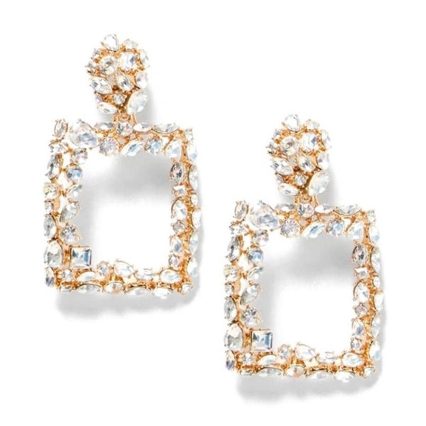 Crusted Rhinestone Rectangle Dangle Fashion Jewelry Earrings
