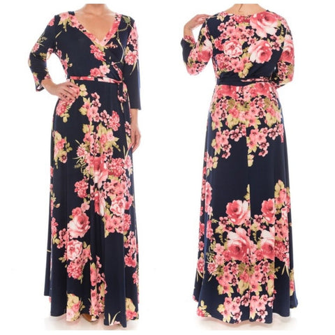 Cherry Blossom Faux Wrap Evening Plussize Maxi Dress