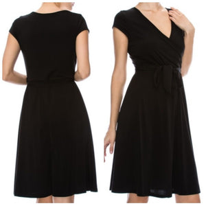 Black Solid Faux Wrap Knee Length Cap Sleeve Dress