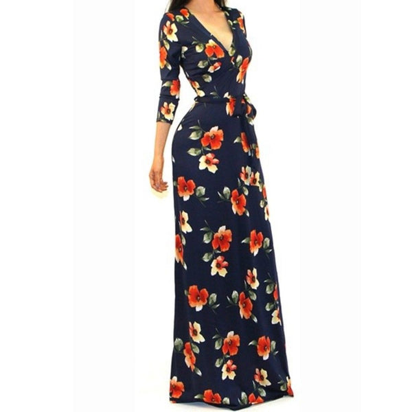 Navy Floral Faux Wrap 3/4 Sleeve Evening Casual Party Maxi Dress