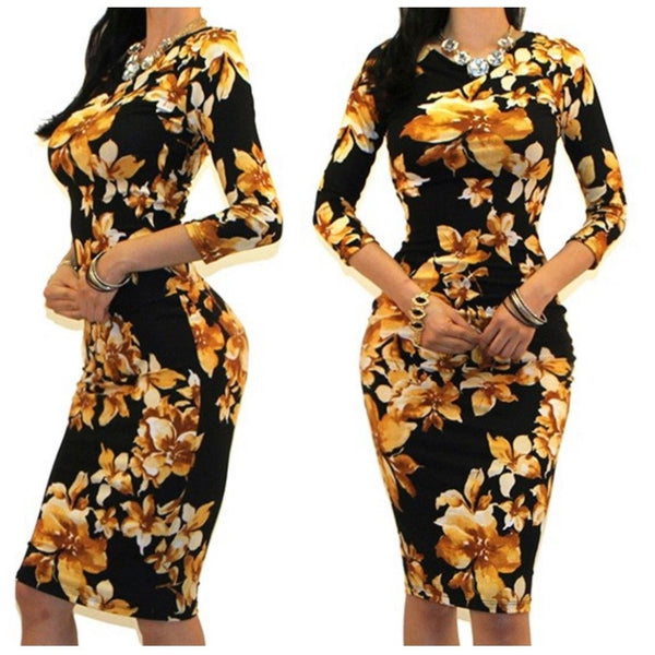 Black Yellow Floral Sexy 3/4 Sleeve Bodycon Party Cocktail Dress