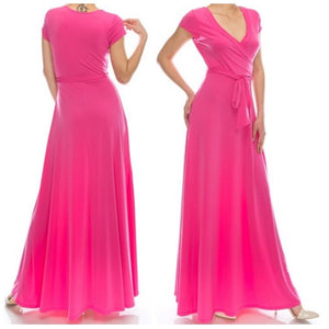 Pink Faux Wrap Cap Sleeve Causal Maxi Dress