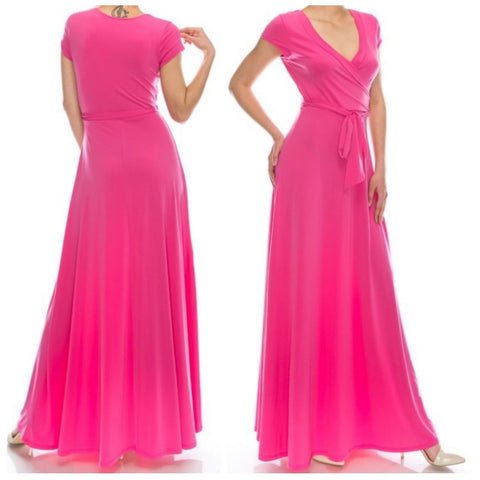 Pink Faux Wrap Cap Sleeve Causal Maxi Dress