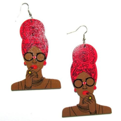 Queen Red Turban Statement Dangle Wood Earrings