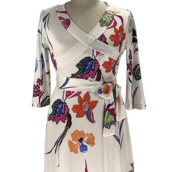 White Neon Floral Faux Wrap 3/4 Sleeve Evening Casual Maxi Dress