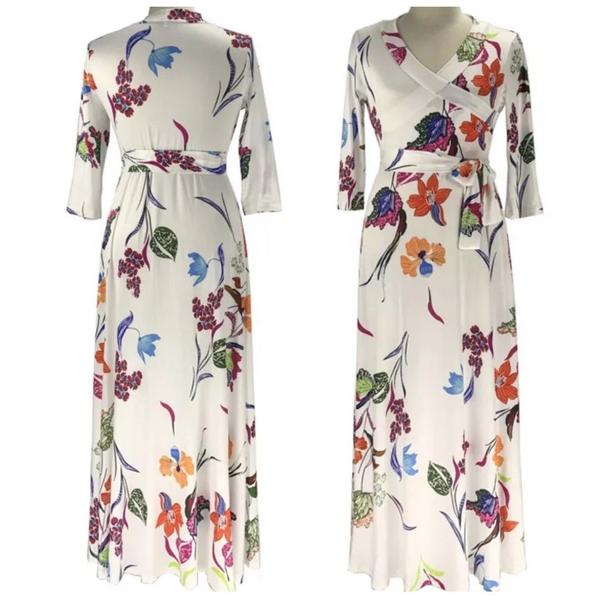 White Neon Floral Faux Wrap 3/4 Sleeve Evening Casual Maxi Dress