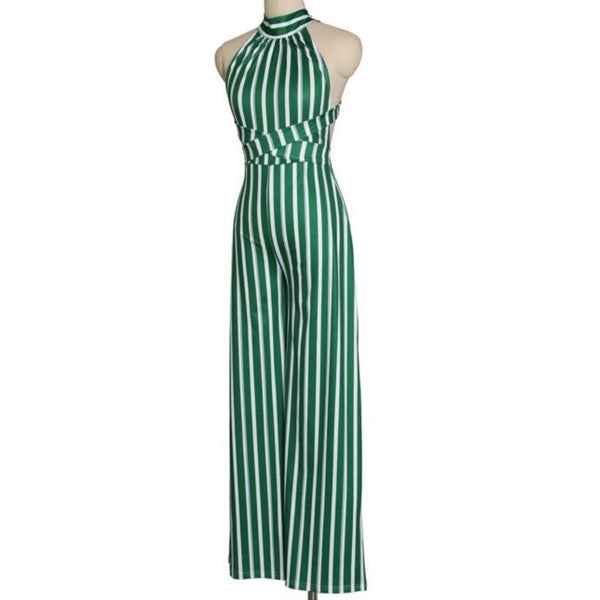 Green White Stripe Casual Halter Wide Leg Jumpsuit