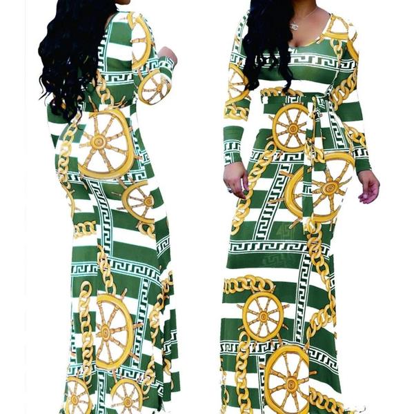 KN Green Stripe Jeweled Pattern Long Sleeve Maxi Dress