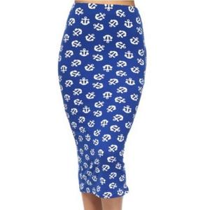 Capella Blue Navy Anchor Hearts Bodycon Casual Pencil Skirt