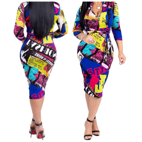 KN Fashion Printed Bodycon Midi 3/4 Sleeve Cocktail Dress