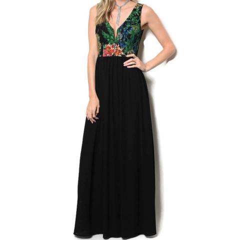 Floral Green Fuchsia Lace Sleeveless Wedding Cocktail Evening Black Dress