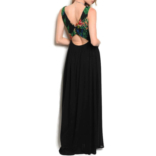 Floral Green Fuchsia Lace Sleeveless Wedding Cocktail Evening Black Dress