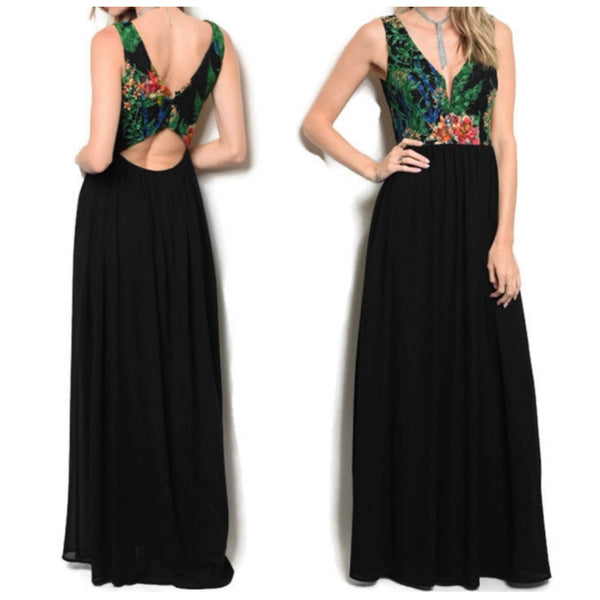 Floral Green Fuchsia Lace Sleeveless Wedding Cocktail Evening Black Dress