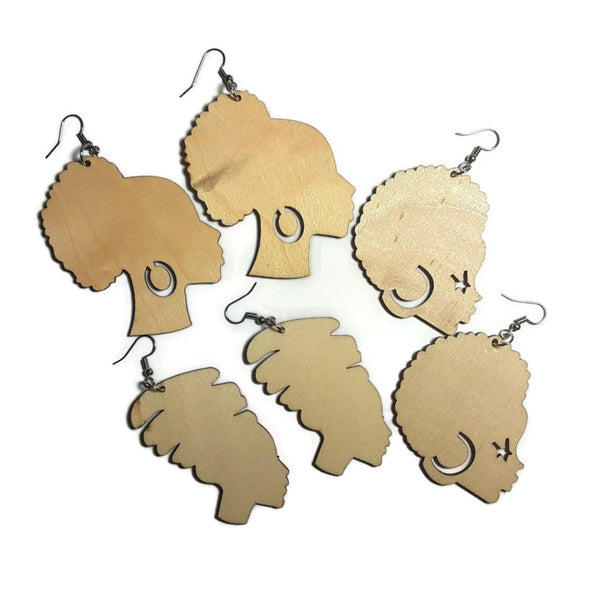 AFRO LADIES Unfinished Ready to Decorate Natural Wood Earrings - Set of 3 Pairs