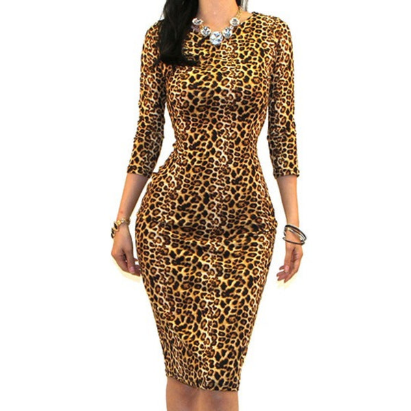 Got Style Cheetah Print 3/4 Sleeve Bodycon Party Cocktail Dress