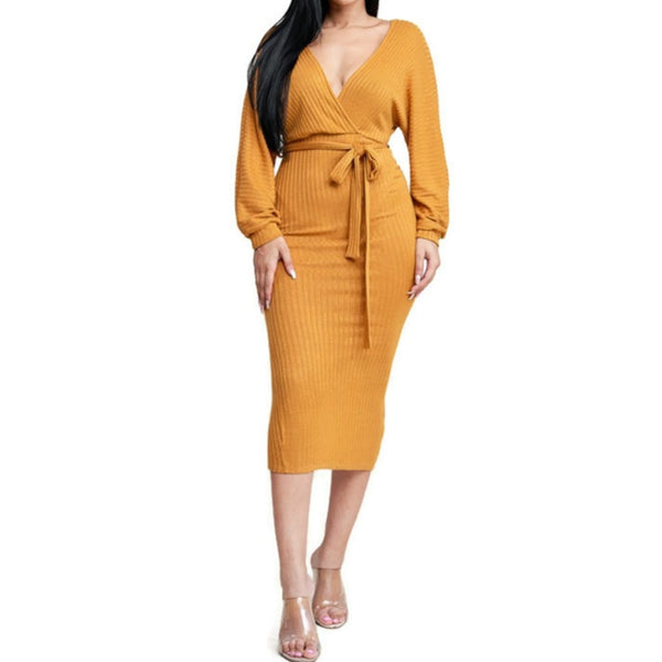 MM Mustard Ribbed Knit Long Sleeve Sweater V-neck Midi Dress