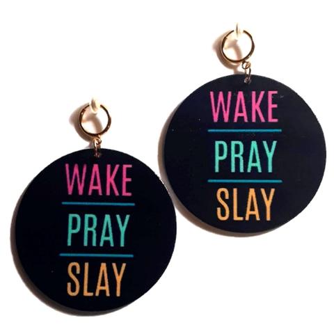 WAKE PRAY SLAY Statement Dangle Wood Clip On Earrings