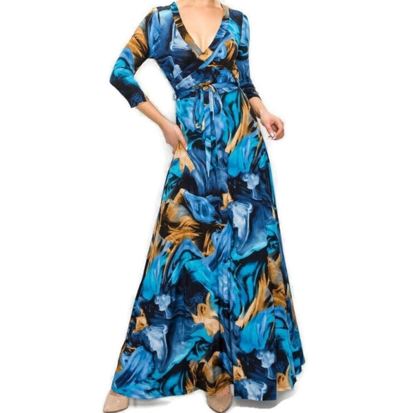 Blue Flame Faux Wrap Maxi Dress