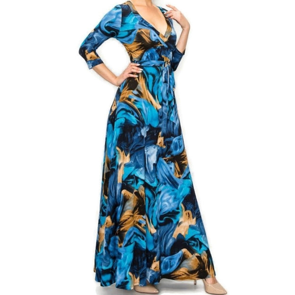 Blue Flame Faux Wrap Maxi Dress