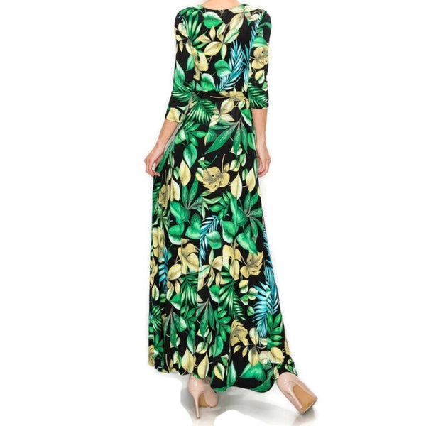 Natures Floral Banana Leaf Faux Wrap Maxi Dress