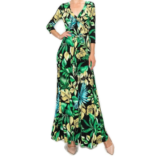 Natures Floral Banana Leaf Faux Wrap Maxi Dress