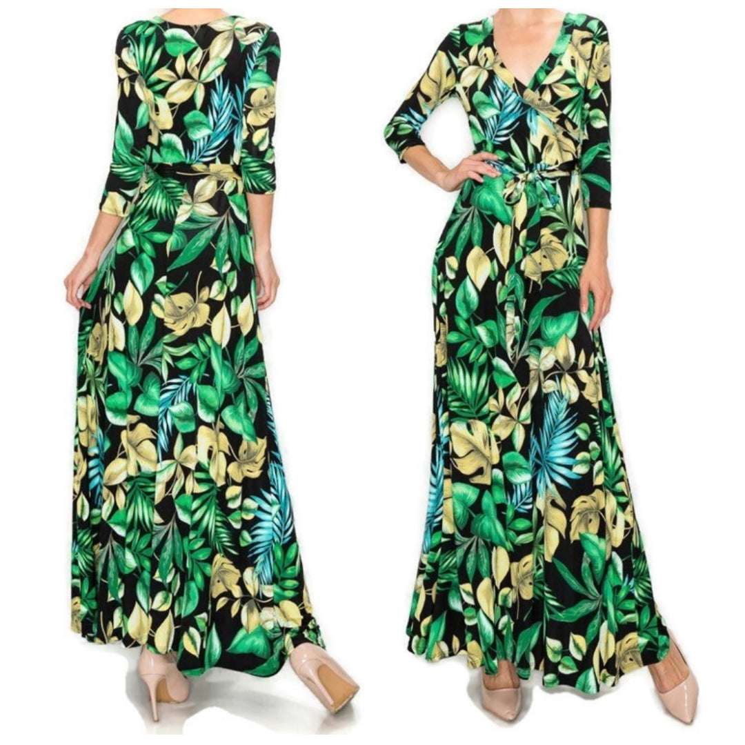 Natures Floral Banana Leaf Faux Wrap Maxi Dress